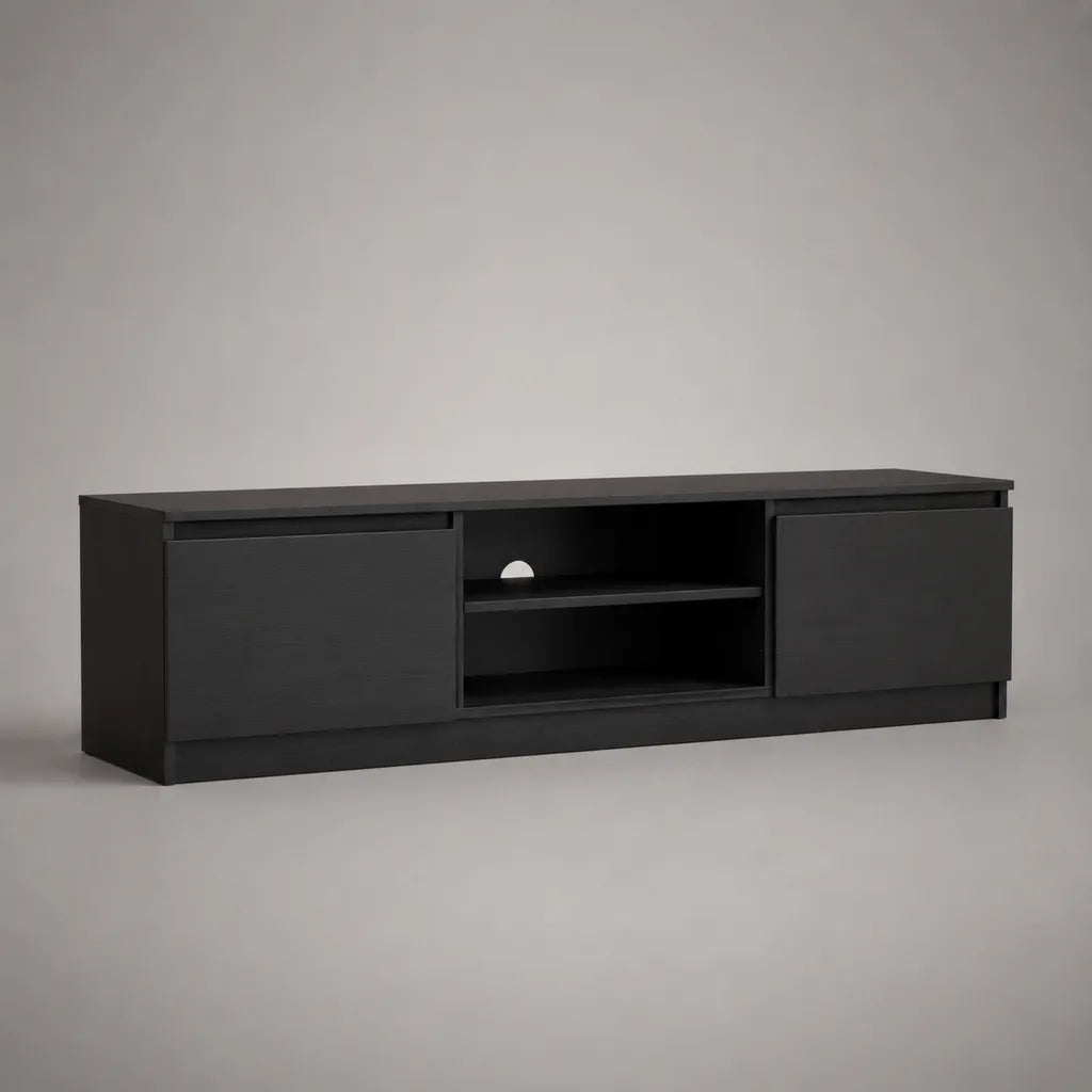 Mobile TV basso rettangolare in legno nero opaco con 2 ante e ripiano, 150 x 40 x 50 cm