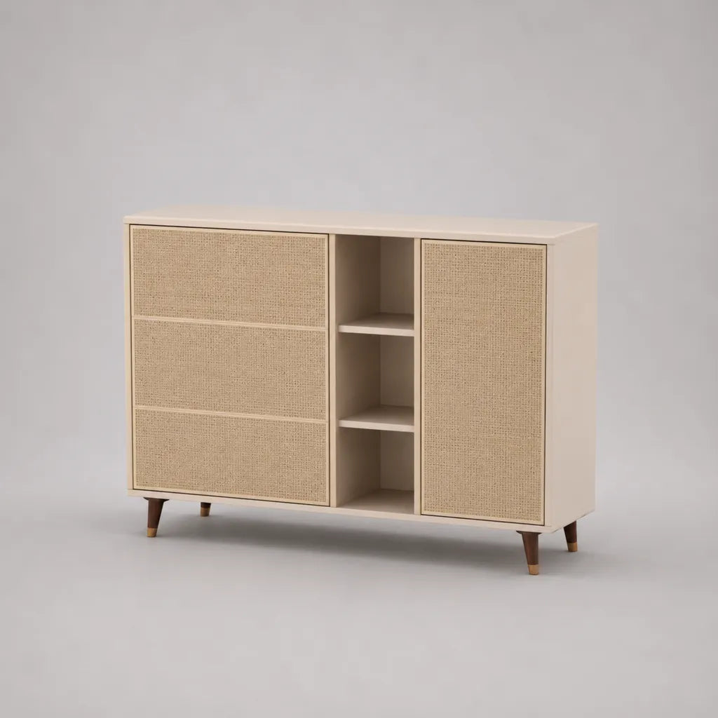 Credenza rettangolare in MDF e rattan beige e naturale con 3 cassetti, 1 anta e 3 vani, 120 × 40 × 90 cm