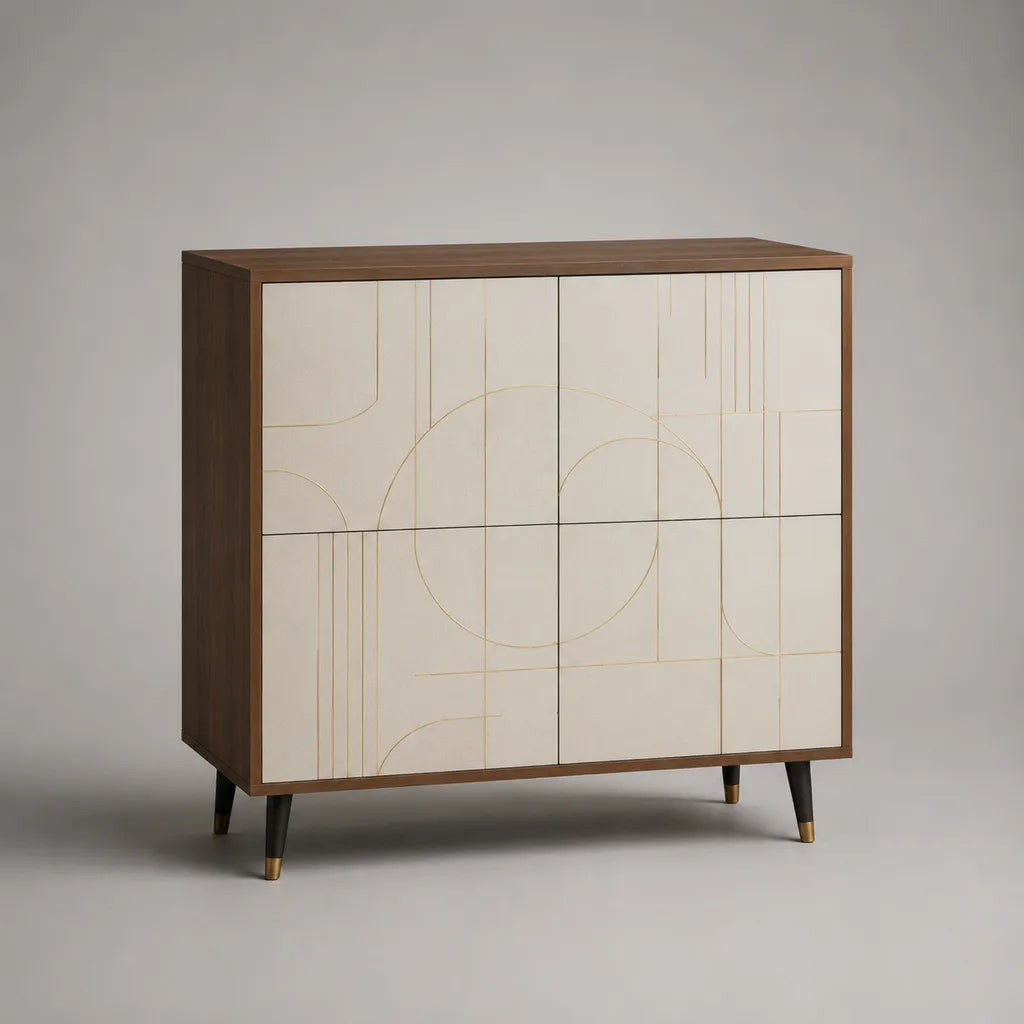 Credenza alta rettangolare a 4 ante in MDF e legno impiallacciato, avorio e marrone noce, 120 x 40 x 125 cm