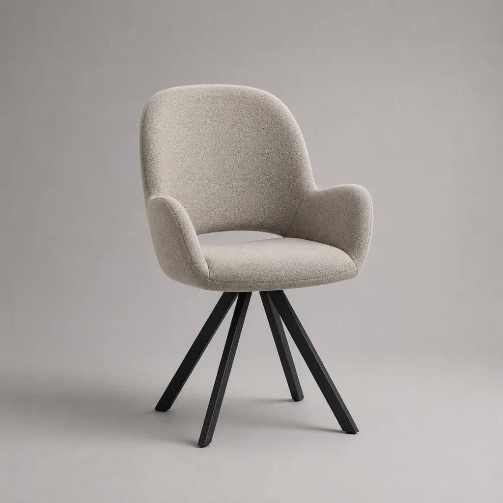 Sedia da pranzo girevole imbottita in poliestere bouclé con braccioli, beige e nero, 60 × 61 × 85 cm