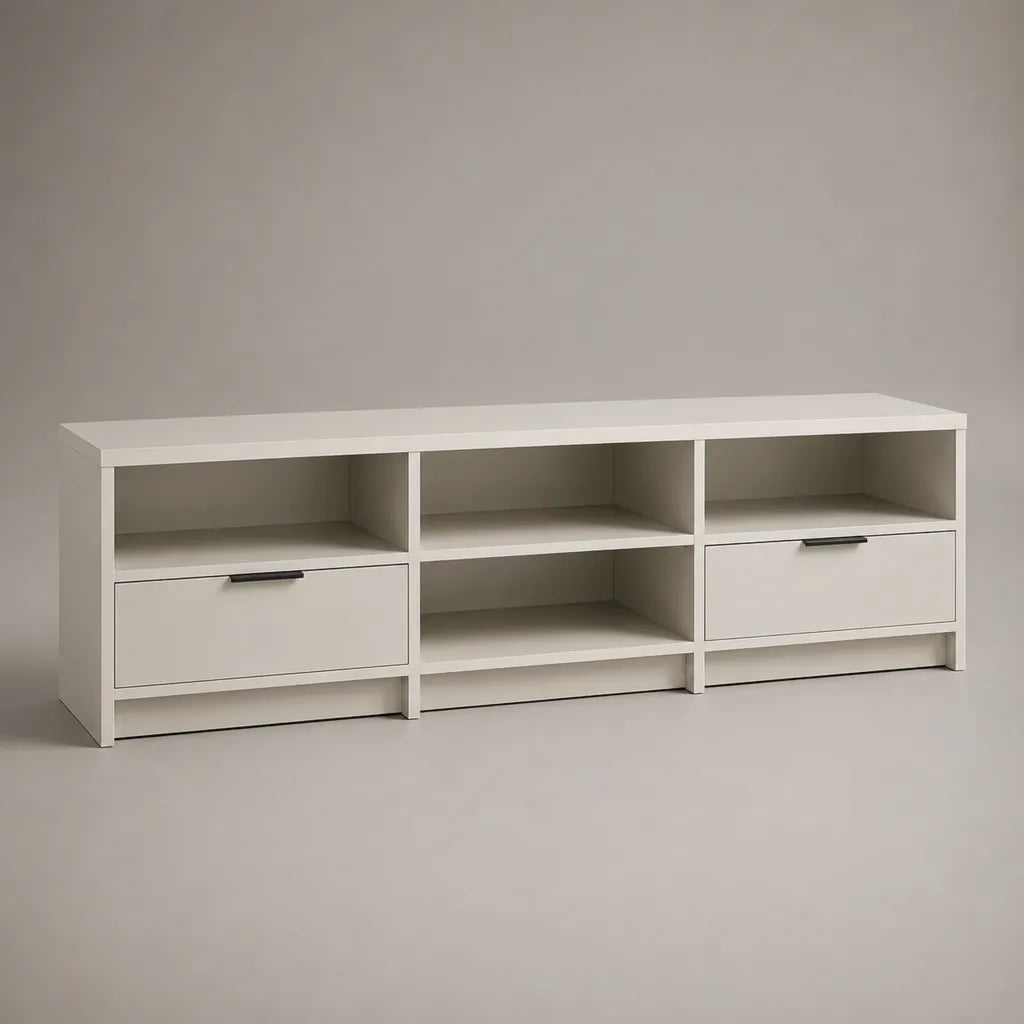 Mobile porta TV bianco e nero in pannello truciolare e MDF con 2 cassetti e 4 vani aperti, 180 × 40 × 65 cm