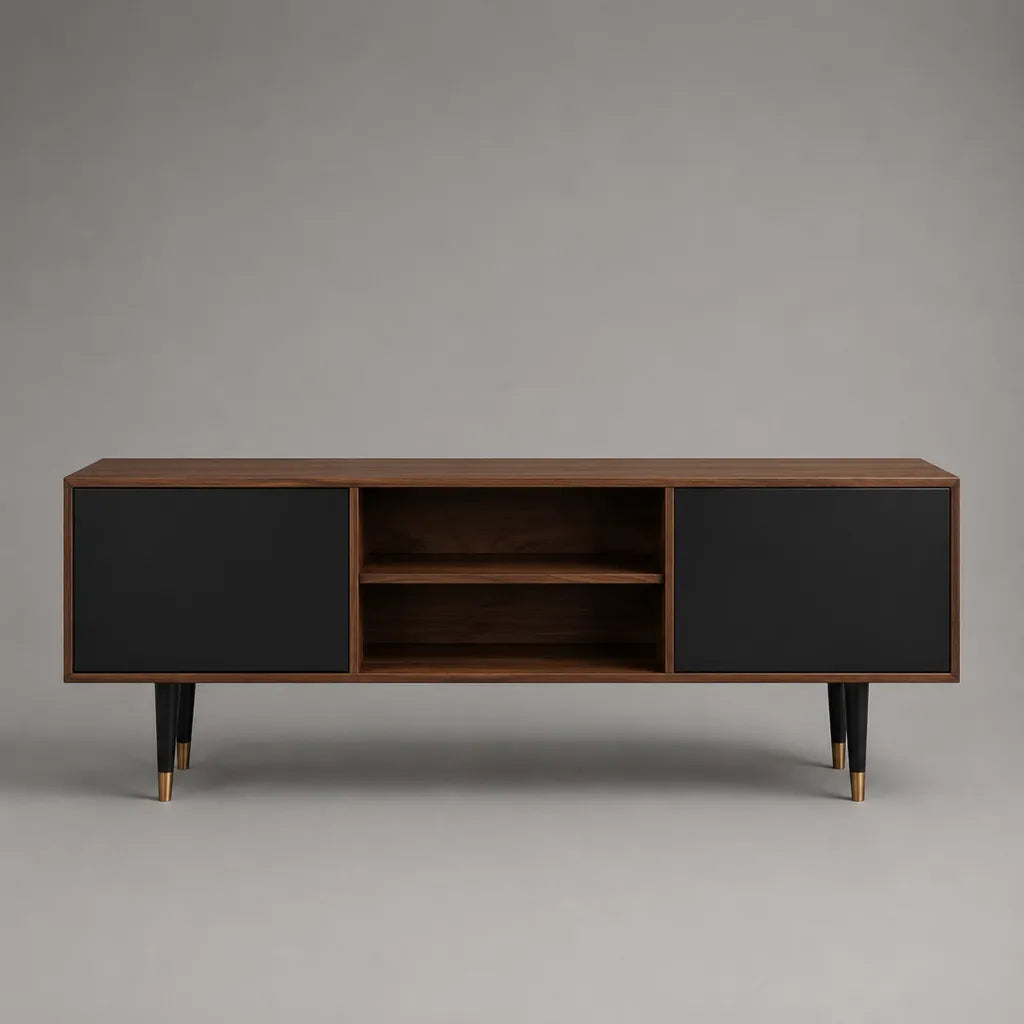 Mobile porta TV rettangolare in MDF impiallacciato noce con 2 ante nere, ripiani e gambe in metallo, 160 × 40 × 60 cm