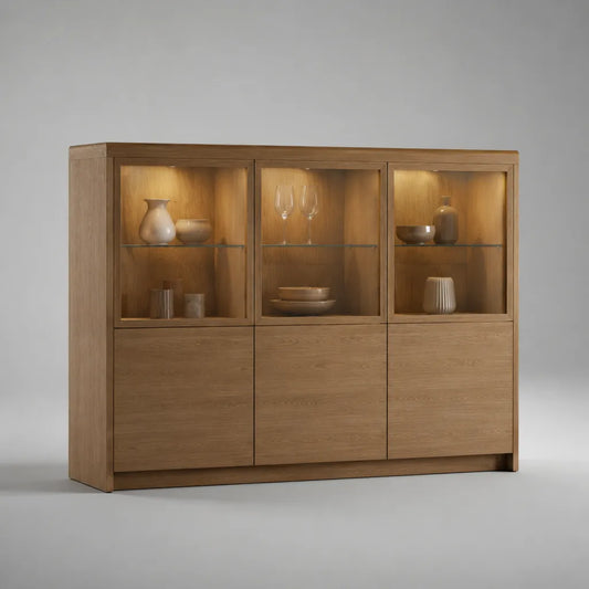 Credenza vetrina rettangolare in legno e vetro con 6 ante, Rovere naturale/Trasparente, 180 × 45 × 140 cm