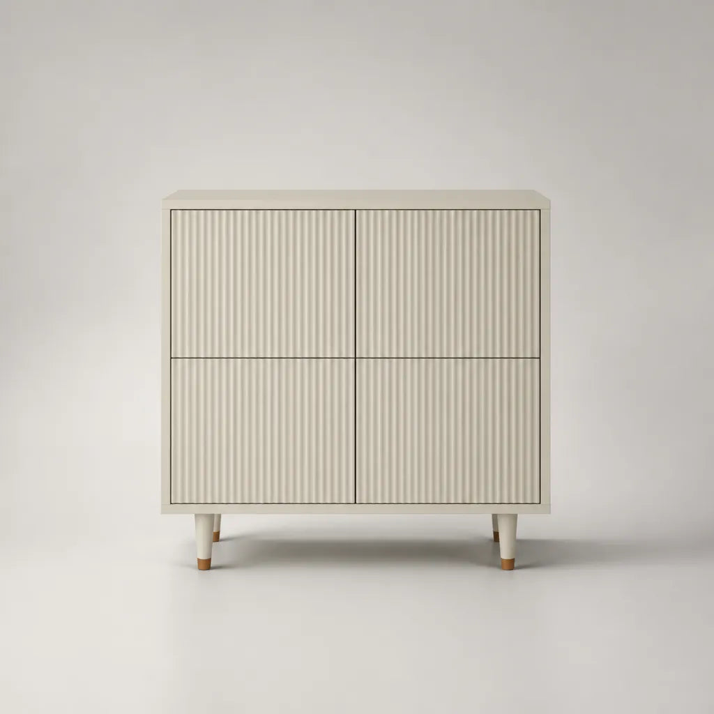 Credenza rettangolare a 4 ante in MDF scanalato beige e noce, 100 × 40 × 100 cm