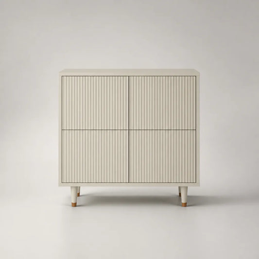 Credenza rettangolare a 4 ante in MDF scanalato beige e noce, 100 × 40 × 100 cm