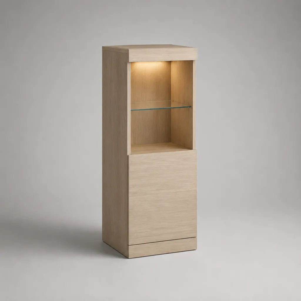 Mobile contenitore alto da interno con luce LED in MDF e vetro, rovere chiaro, 45 × 40 × 125 cm