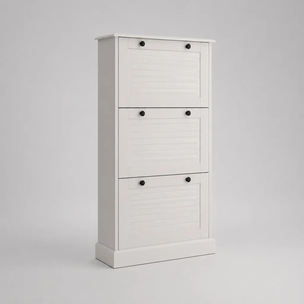 Scarpiera rettangolare a profondità ridotta in MDF bianco con 3 ante ribaltabili, 60 x 24 x 120 cm