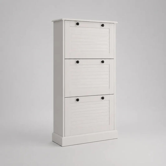 Scarpiera rettangolare a profondità ridotta in MDF bianco con 3 ante ribaltabili, 60 x 24 x 120 cm
