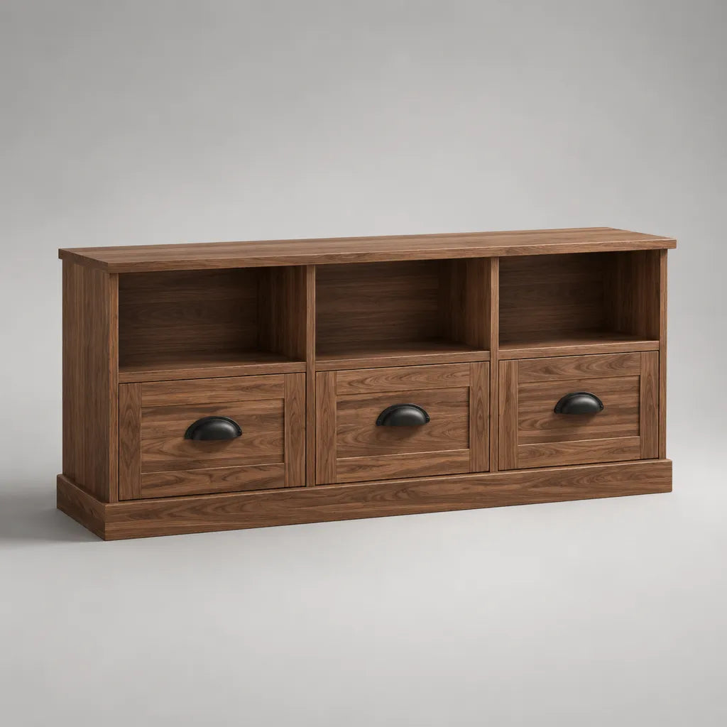 Mobile porta TV rettangolare in MDF marrone noce e metallo nero con 3 cassetti e 3 vani, 150 × 40 × 65 cm