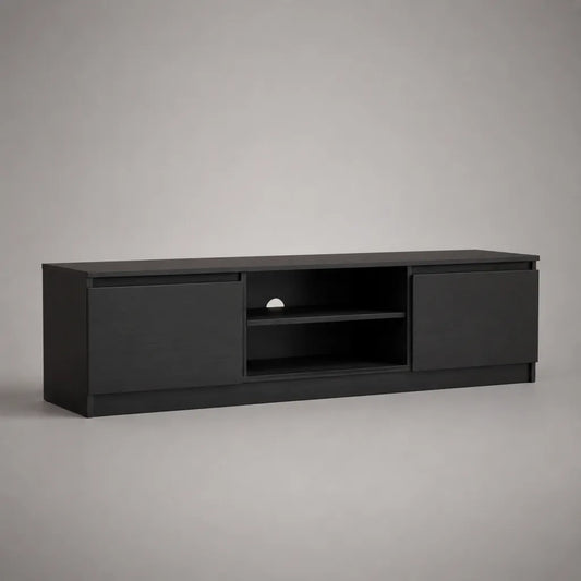 Mobile TV basso rettangolare in legno nero opaco con 2 ante e ripiano, 150 x 40 x 50 cm