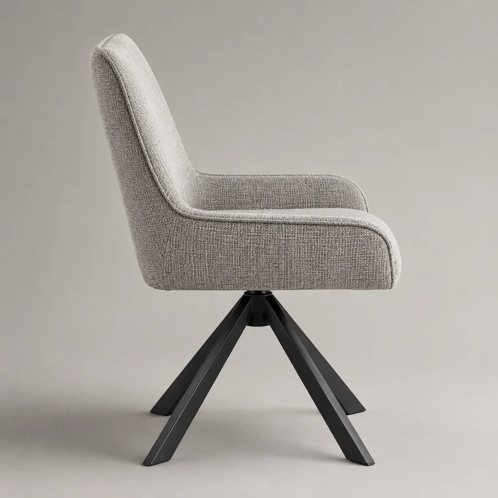 Sedia da pranzo girevole con braccioli, rivestimento grigio chiaro e base in acciaio nero, 58 x 60 x 85 cm