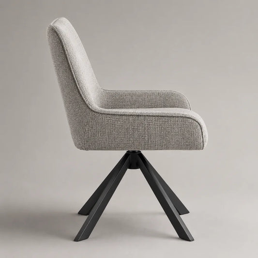 Sedia da pranzo girevole con braccioli, rivestimento grigio chiaro e base in acciaio nero, 58 x 60 x 85 cm
