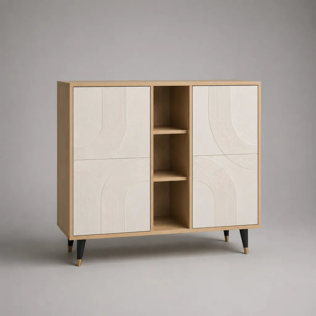Credenza alta rettangolare in MDF e truciolare melaminico con 4 ante e 3 vani, crema e rovere naturale, 140 × 40 × 118 cm