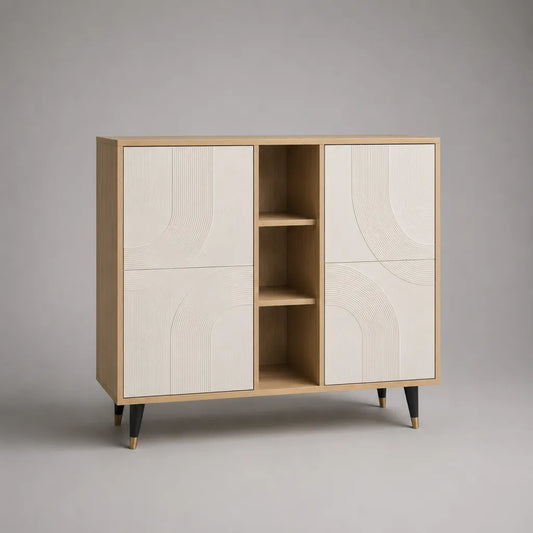 Credenza alta rettangolare in MDF e truciolare melaminico con 4 ante e 3 vani, crema e rovere naturale, 140 × 40 × 118 cm