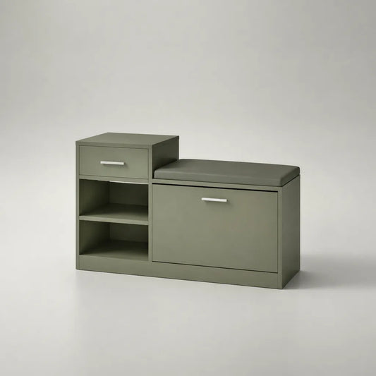 Scarpiera con panca rettangolare in MDF e seduta in PU verde oliva, 100 x 35 x 68 cm