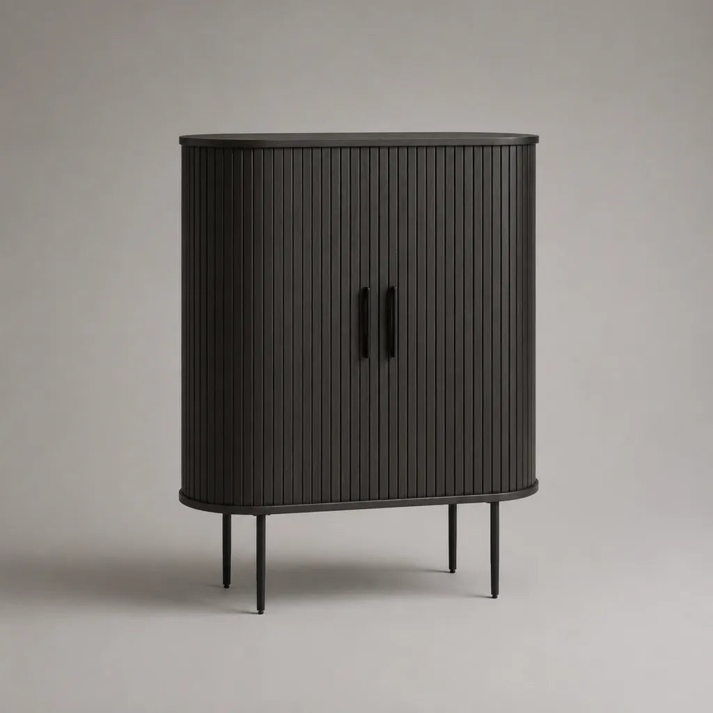 Credenza alta rettangolare a 2 ante in MDF scanalato nero opaco con gambe in acciaio, 90 × 40 × 110 cm