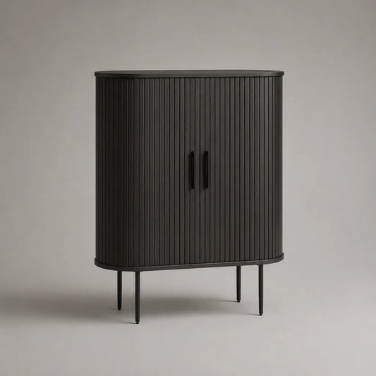 Credenza alta rettangolare a 2 ante in MDF scanalato nero opaco con gambe in acciaio, 90 × 40 × 110 cm