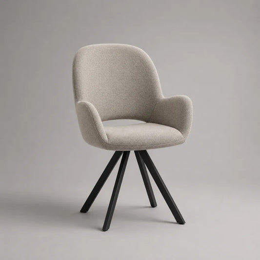 Sedia da pranzo girevole imbottita in poliestere bouclé con braccioli, beige e nero, 60 × 61 × 85 cm