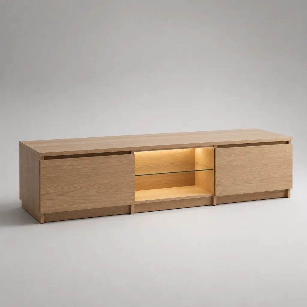 Mobile TV basso rettangolare in rovere naturale con 2 ante, ripiano in vetro e illuminazione LED, 200 × 42 × 55 cm