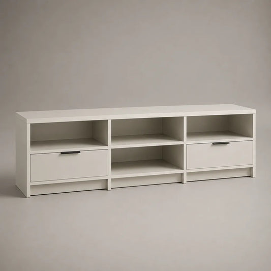 Mobile porta TV bianco e nero in pannello truciolare e MDF con 2 cassetti e 4 vani aperti, 180 × 40 × 65 cm