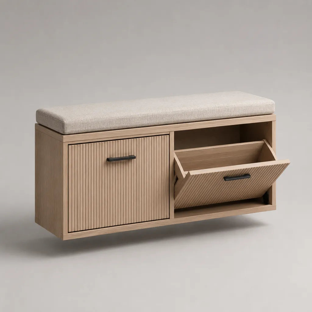 Scarpiera con panca imbottita, 2 vani, anta battente e anta ribaltabile, MDF effetto rovere chiaro e tessuto beige, 100 × 35 × 50 cm