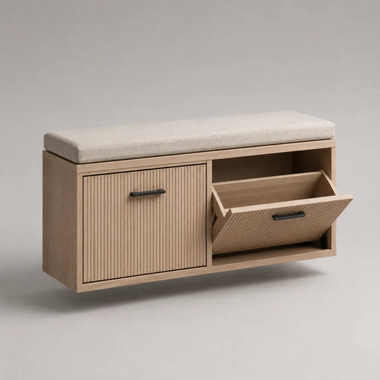 Scarpiera con panca imbottita, 2 vani, anta battente e anta ribaltabile, MDF effetto rovere chiaro e tessuto beige, 100 × 35 × 50 cm