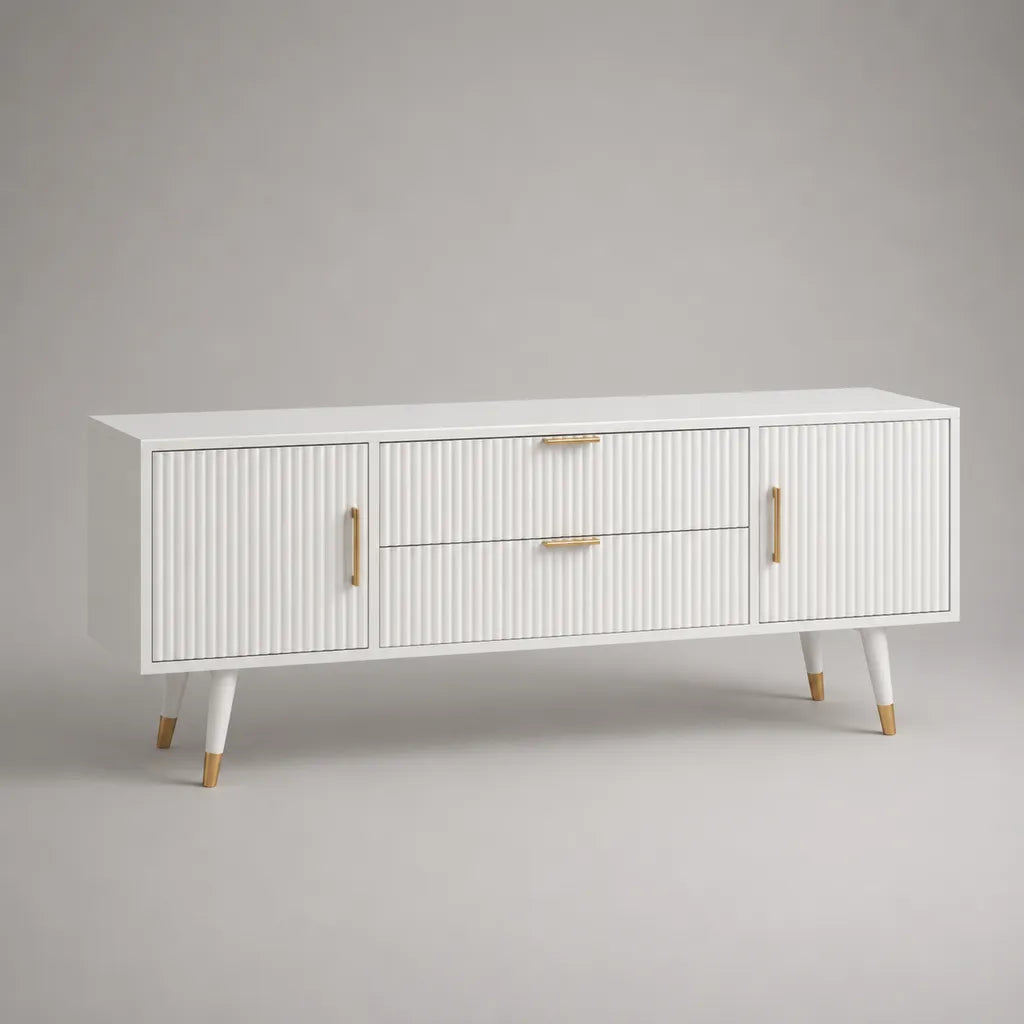 Mobile porta TV bianco in MDF 160 × 40 × 72 cm con 2 ante, 2 cassetti e maniglie dorate