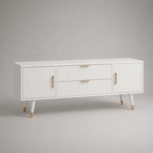 Mobile porta TV bianco in MDF 160 × 40 × 72 cm con 2 ante, 2 cassetti e maniglie dorate