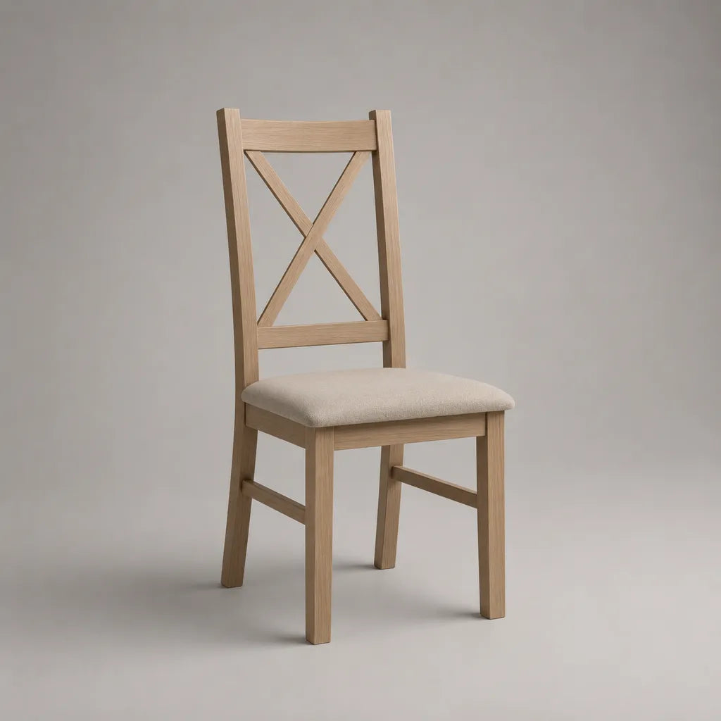 Sedia da pranzo imbottita in legno e tessuto beige, schienale a X, 45 x 52 x 95 cm
