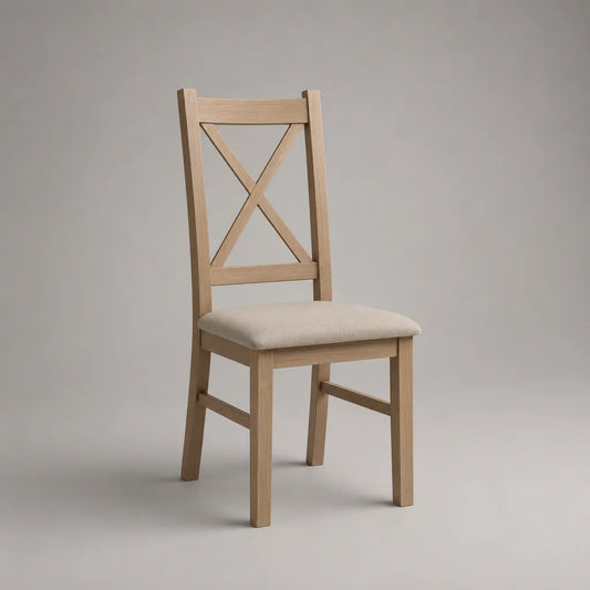 Sedia da pranzo imbottita in legno e tessuto beige, schienale a X, 45 x 52 x 95 cm