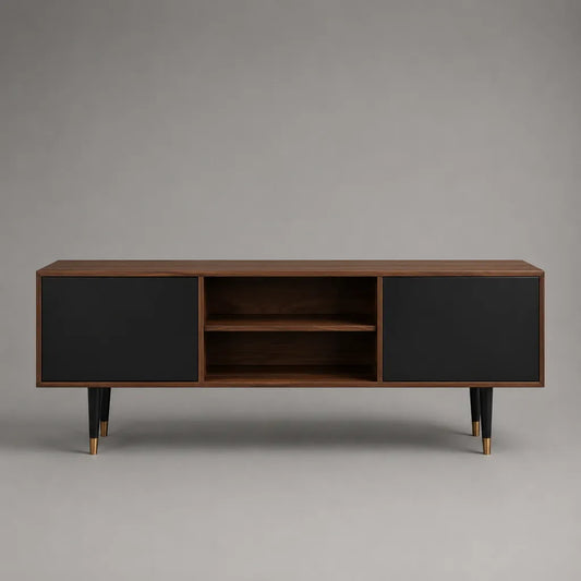 Mobile porta TV rettangolare in MDF impiallacciato noce con 2 ante nere, ripiani e gambe in metallo, 160 × 40 × 60 cm