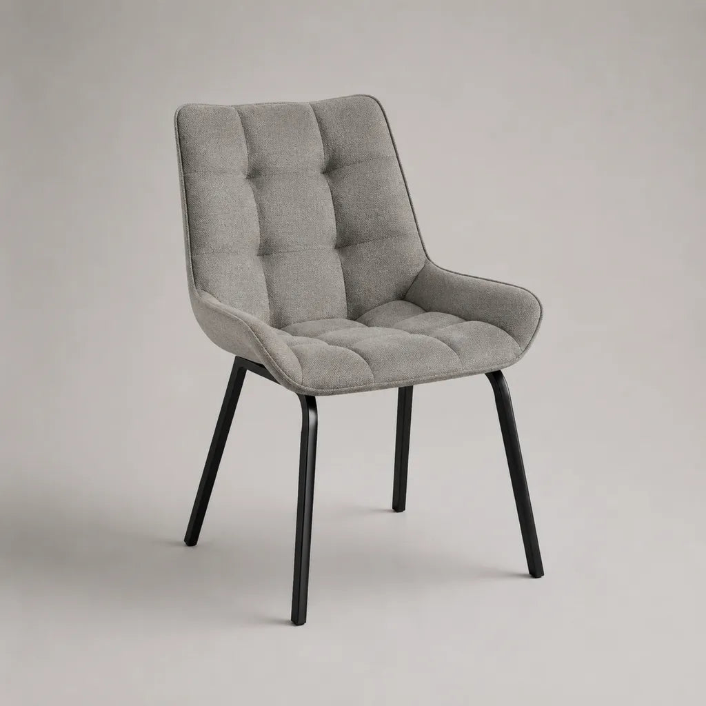 Sedia imbottita in poliestere grigio con braccioli e gambe in acciaio nero, 57 x 61 x 84 cm