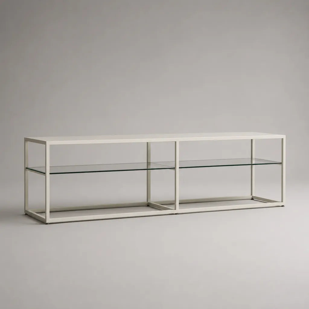 Mobile TV basso rettangolare in acciaio bianco e vetro trasparente, 180 x 40 x 55 cm
