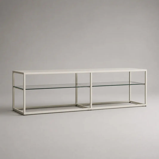 Mobile TV basso rettangolare in acciaio bianco e vetro trasparente, 180 x 40 x 55 cm