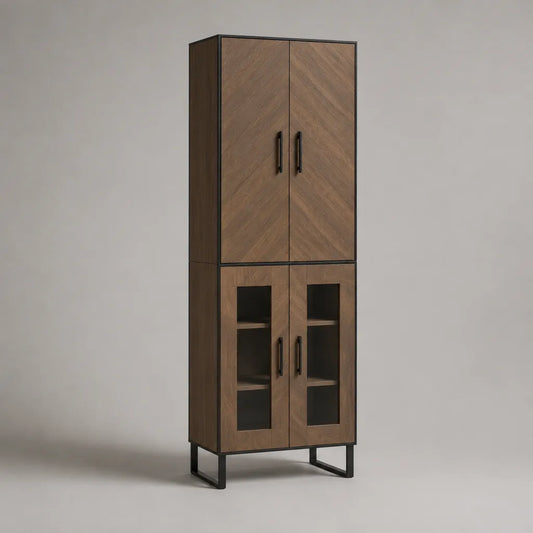 Credenza alta a 4 ante in MDF, acciaio nero e vetro fumé, marrone noce, 80 x 40 x 180 cm