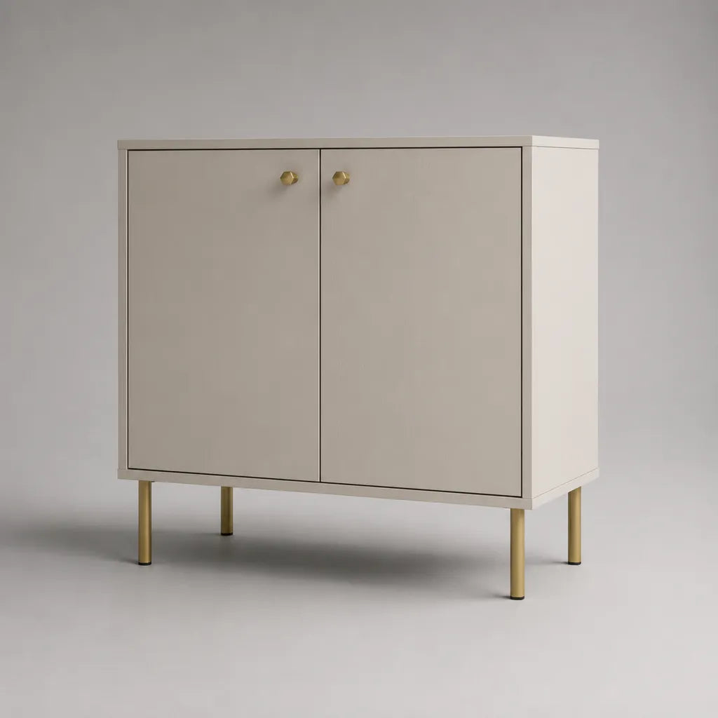 Credenza rettangolare a 2 ante in legno e metallo, beige e ottone, 80 x 35 x 85 cm