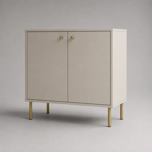 Credenza rettangolare a 2 ante in legno e metallo, beige e ottone, 80 x 35 x 85 cm