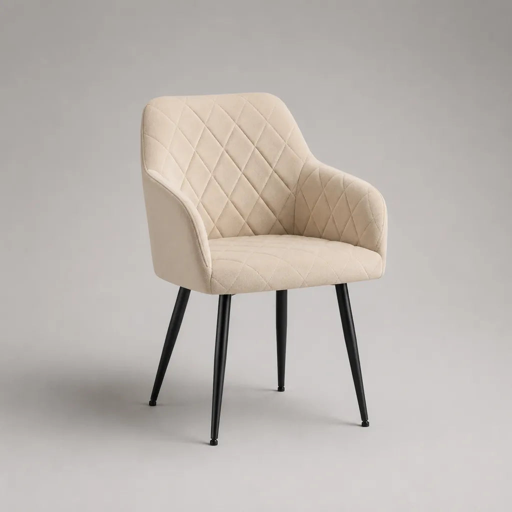 Sedia da pranzo con braccioli in velluto e acciaio, beige e nero, 61 × 62 × 85 cm