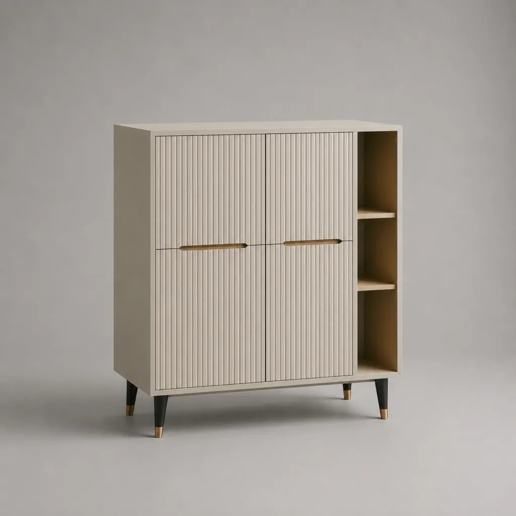 Credenza alta rettangolare in MDF avorio con 2 ante scanalate e 3 vani aperti, 100 x 40 x 120 cm