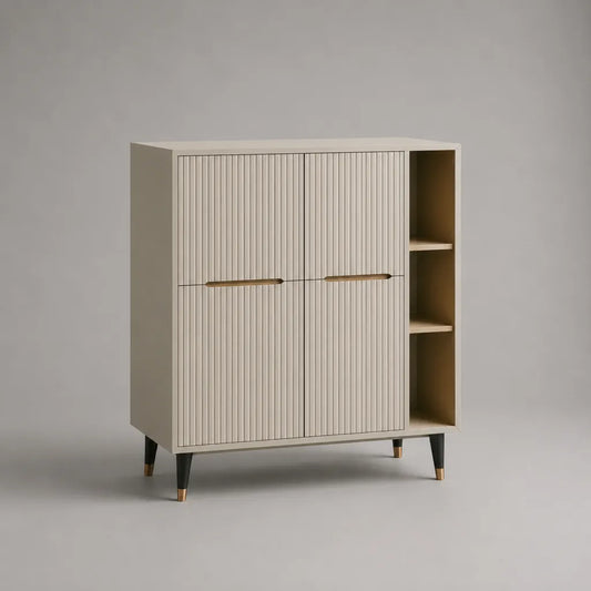 Credenza alta rettangolare in MDF avorio con 2 ante scanalate e 3 vani aperti, 100 x 40 x 120 cm