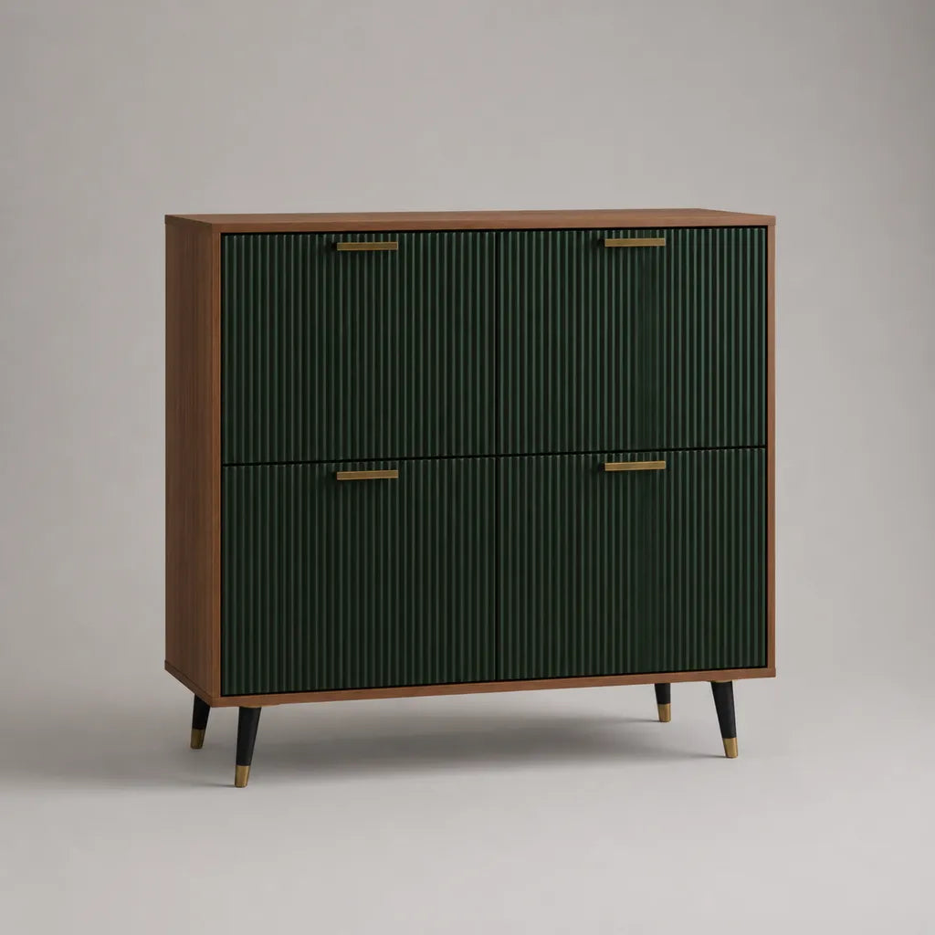 Credenza alta rettangolare a 4 ante in MDF scanalato e pannello truciolare, verde scuro e noce, 120 × 40 × 120 cm