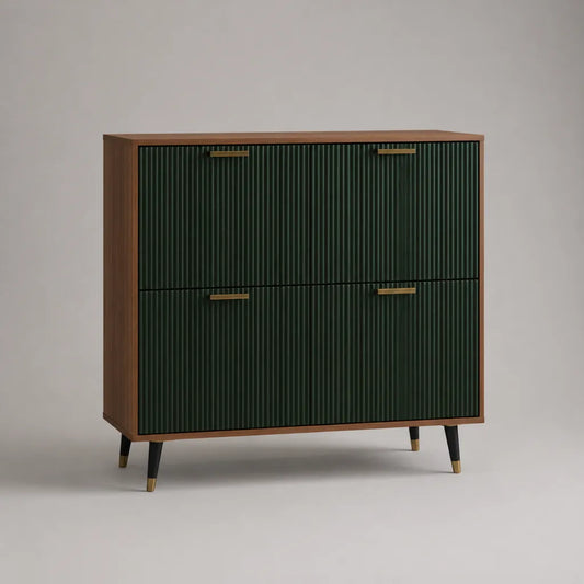 Credenza alta rettangolare a 4 ante in MDF scanalato e pannello truciolare, verde scuro e noce, 120 × 40 × 120 cm